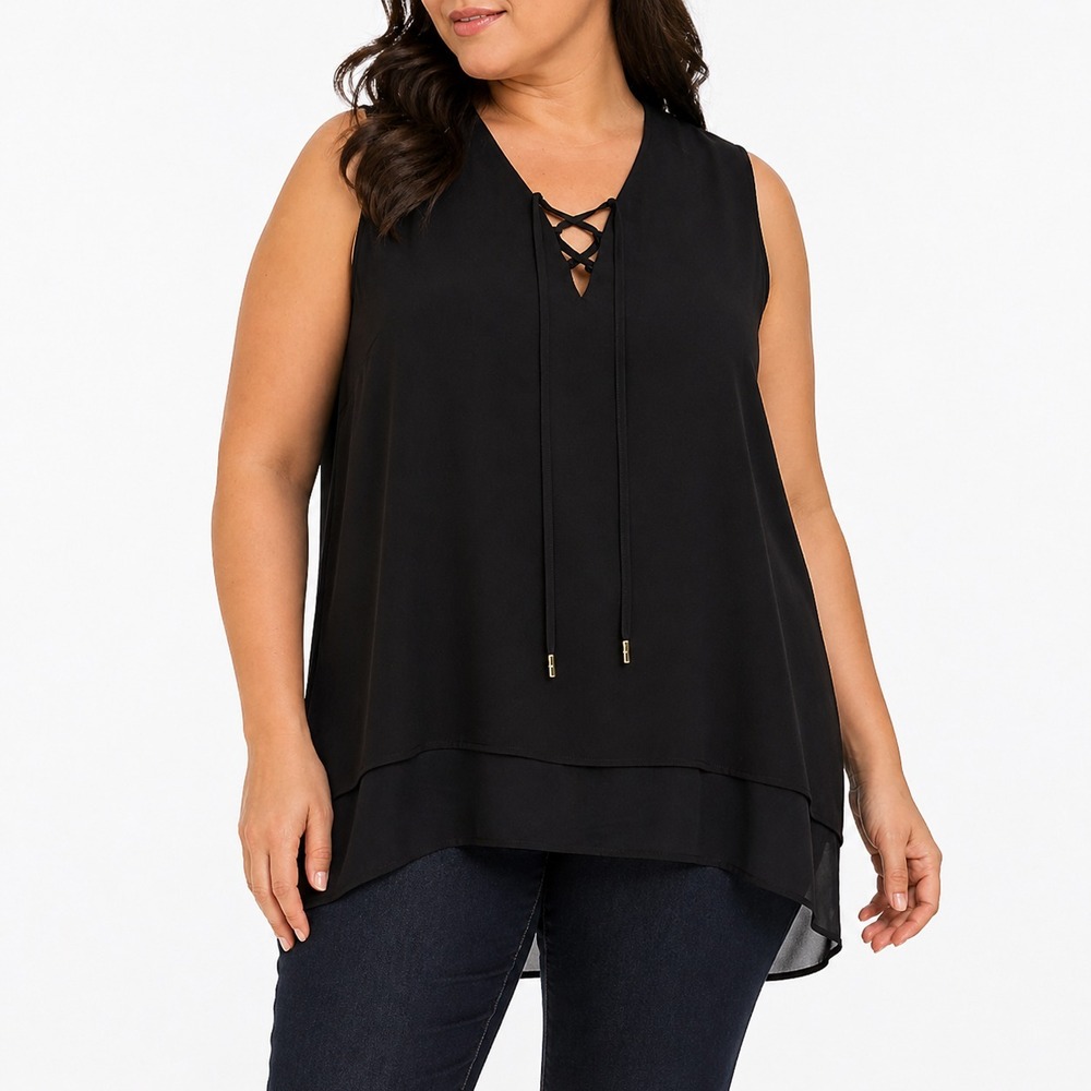 Michael Kors Black Lace Up Blouse Top XL Sleeveless Sheer Layered Hem Flowy